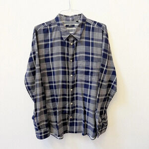 7 for All Mankind Mens Navy Blue Plaid Button Shirt XL Long Sleeve Cotton Collar